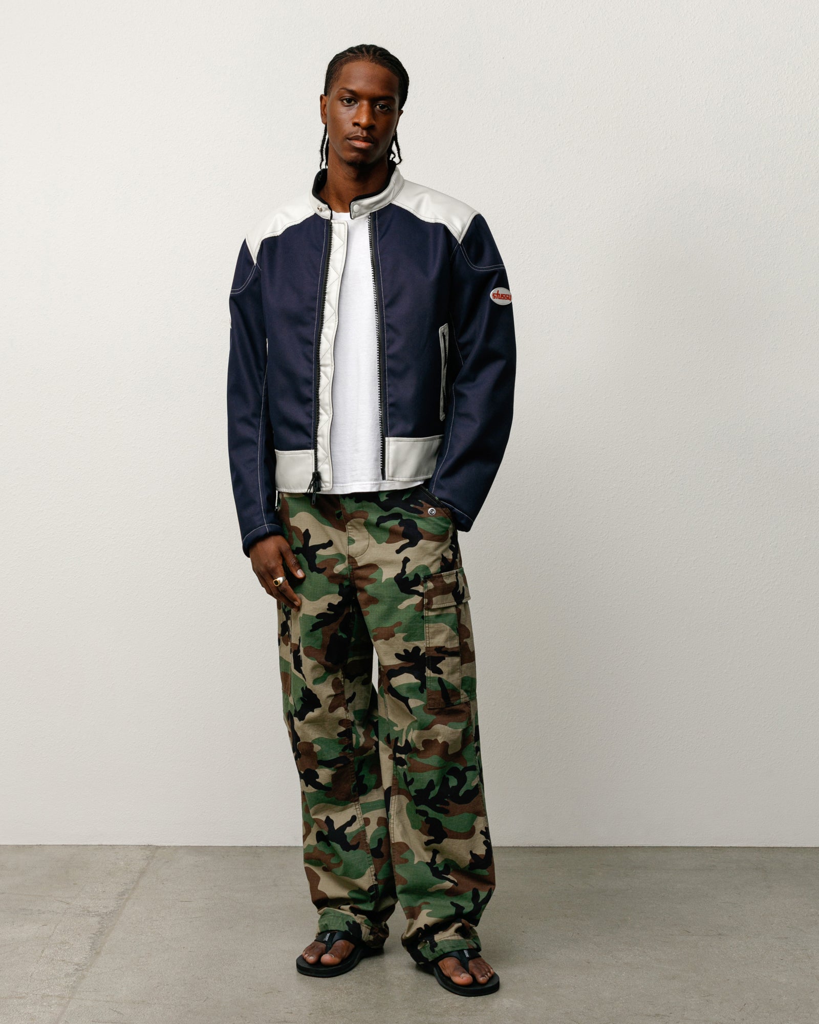 stussy × schott　ライダースジャケット　ネイビー STUSSY - M 美品 Schott × Stussy ライダースコート Pコート ネイビー