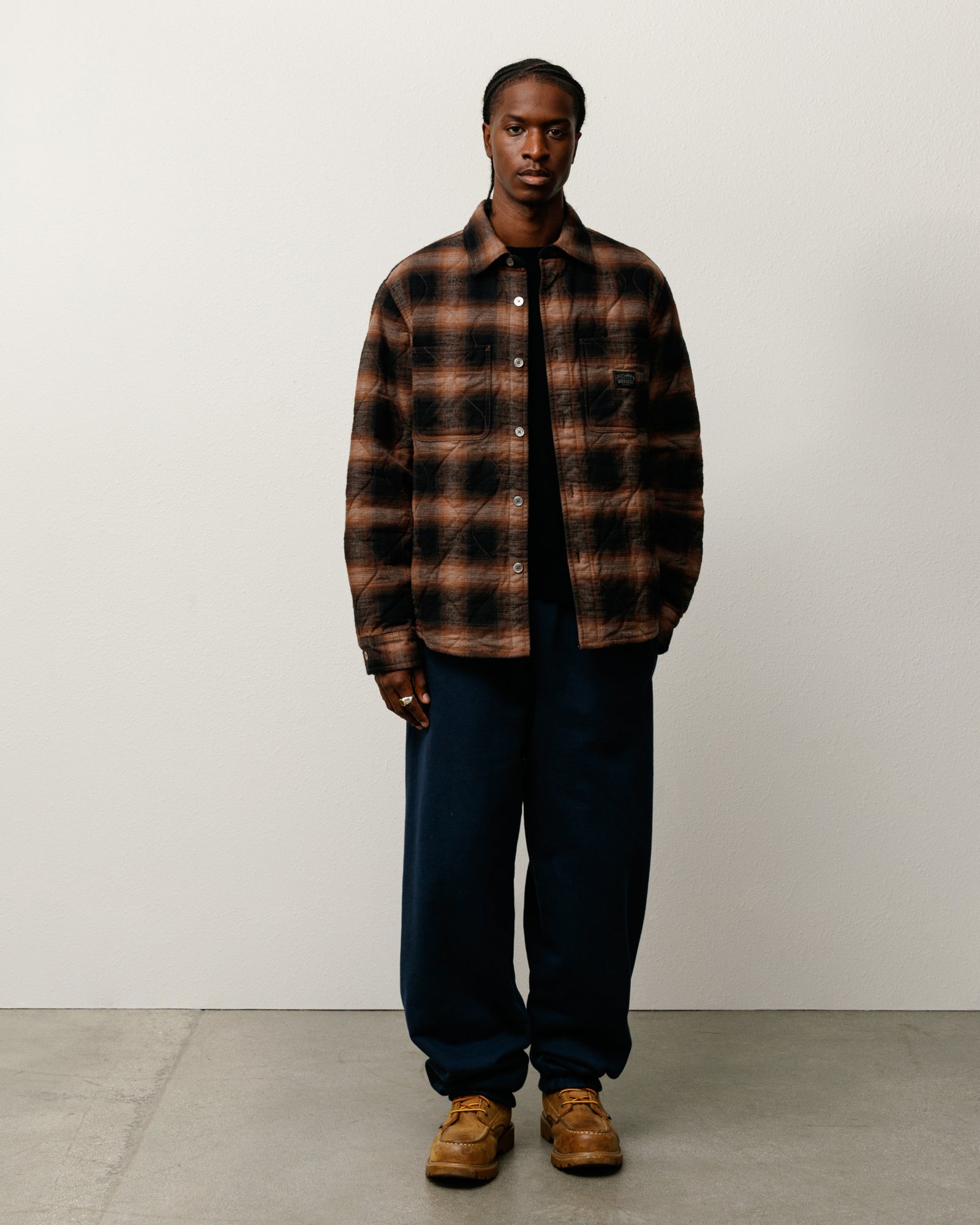 Quilted Plaid Shirt Jacket Mens Long Sleeve In Brown