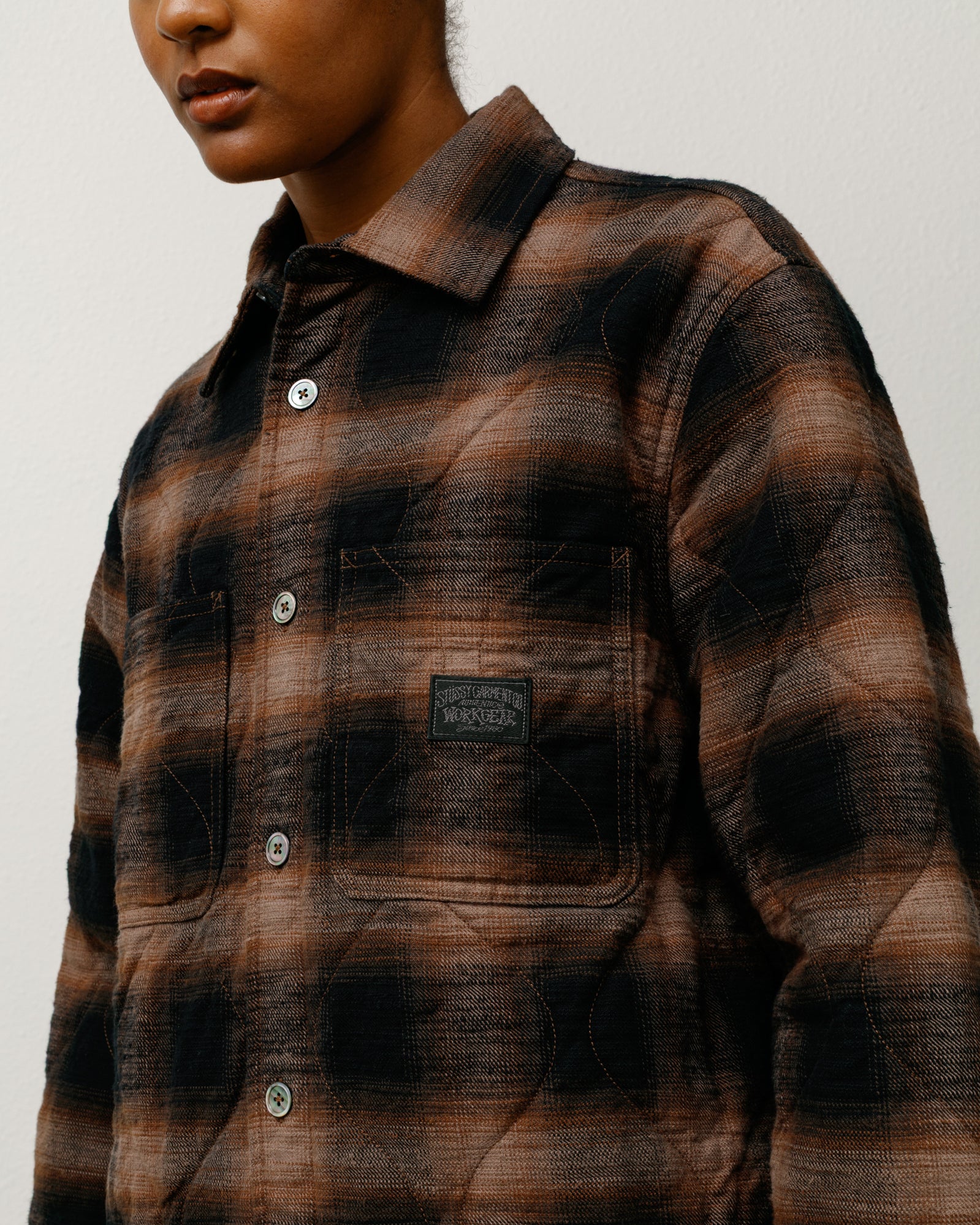 Quilted Plaid Shirt Jacket Mens Long Sleeve In Brown