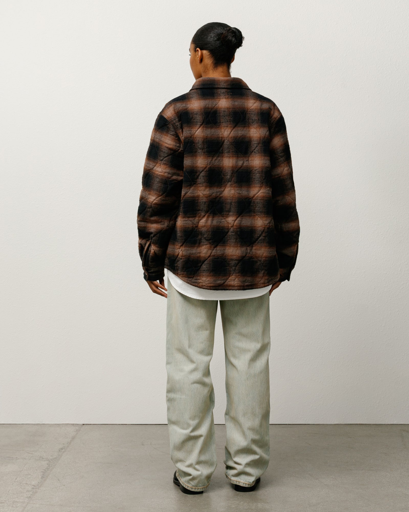 Quilted Plaid Shirt Jacket Mens Long Sleeve In Brown