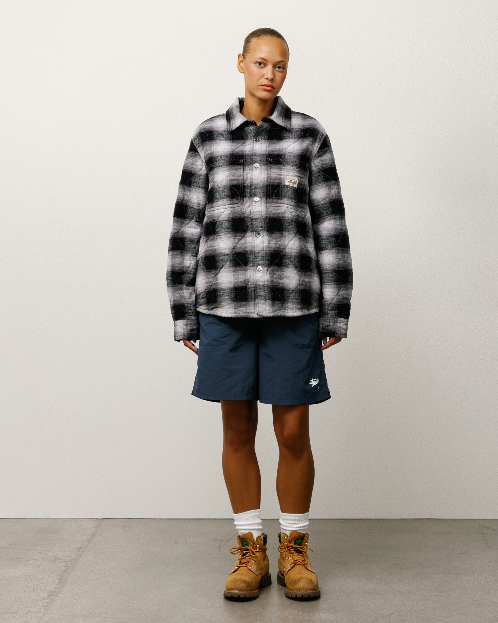 Quilted Plaid Shirt Jacket Mens Long Sleeve In Grey
