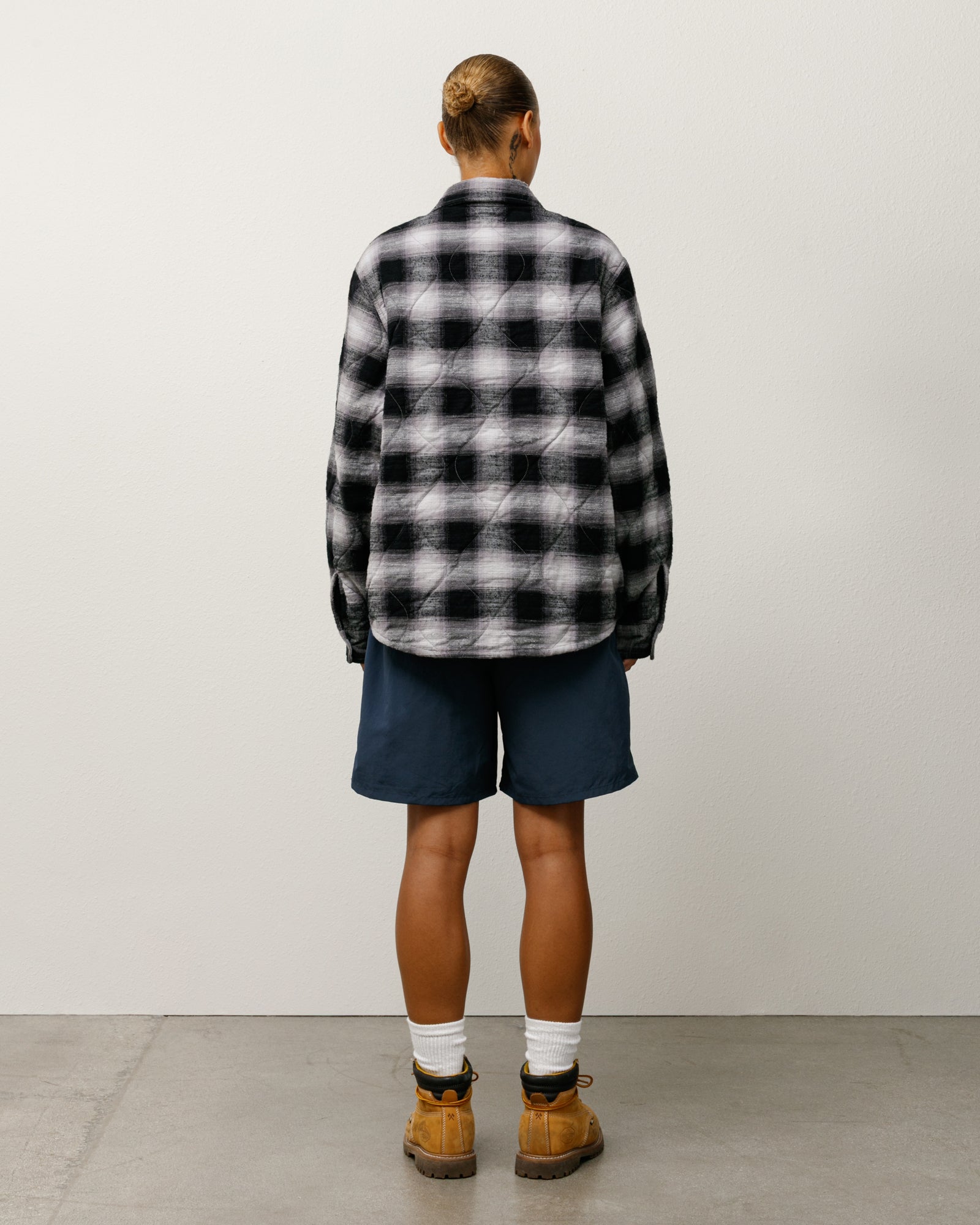 Quilted Plaid Shirt Jacket Mens Long Sleeve In Grey