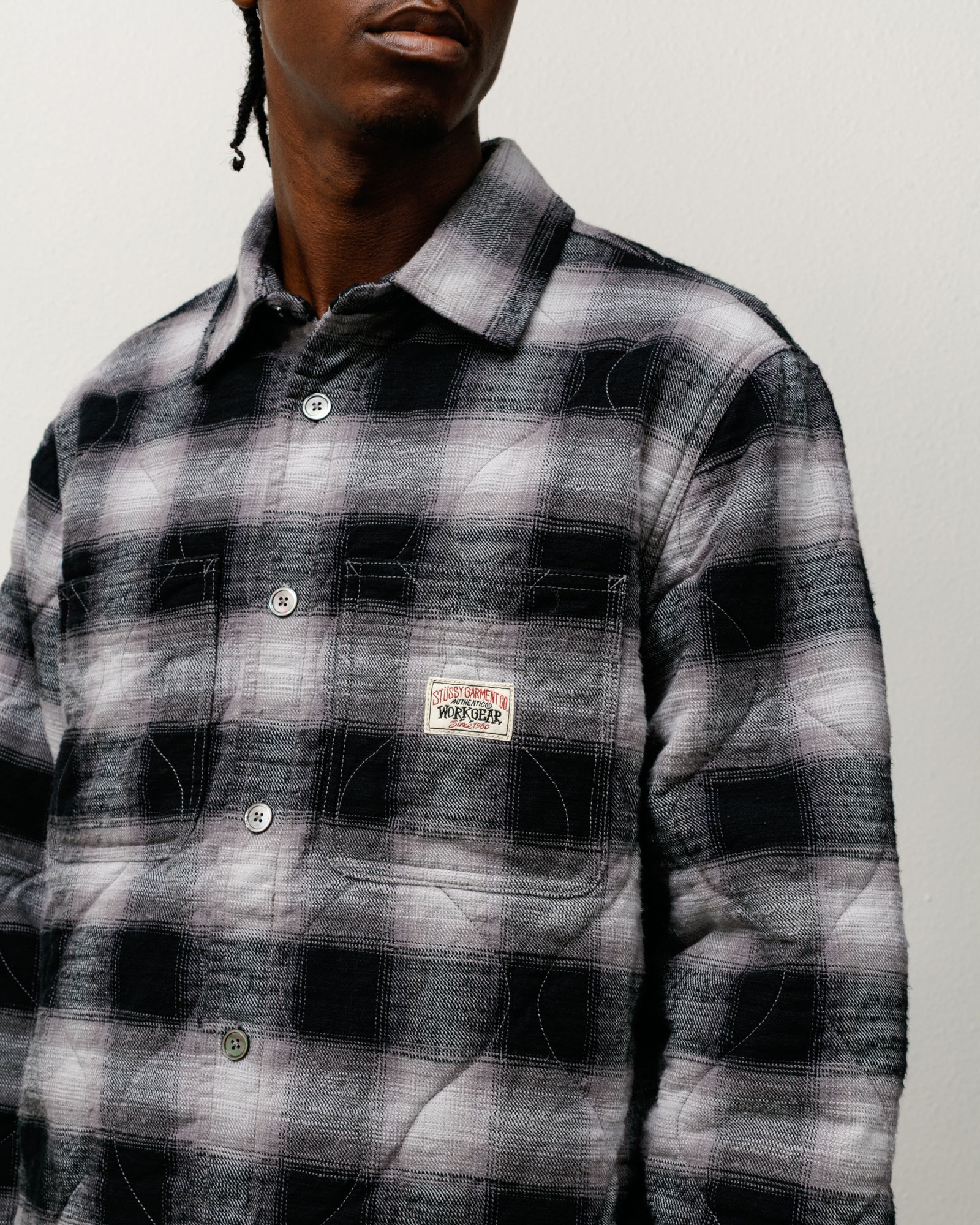 Quilted Plaid Shirt Jacket Mens Long Sleeve In Grey