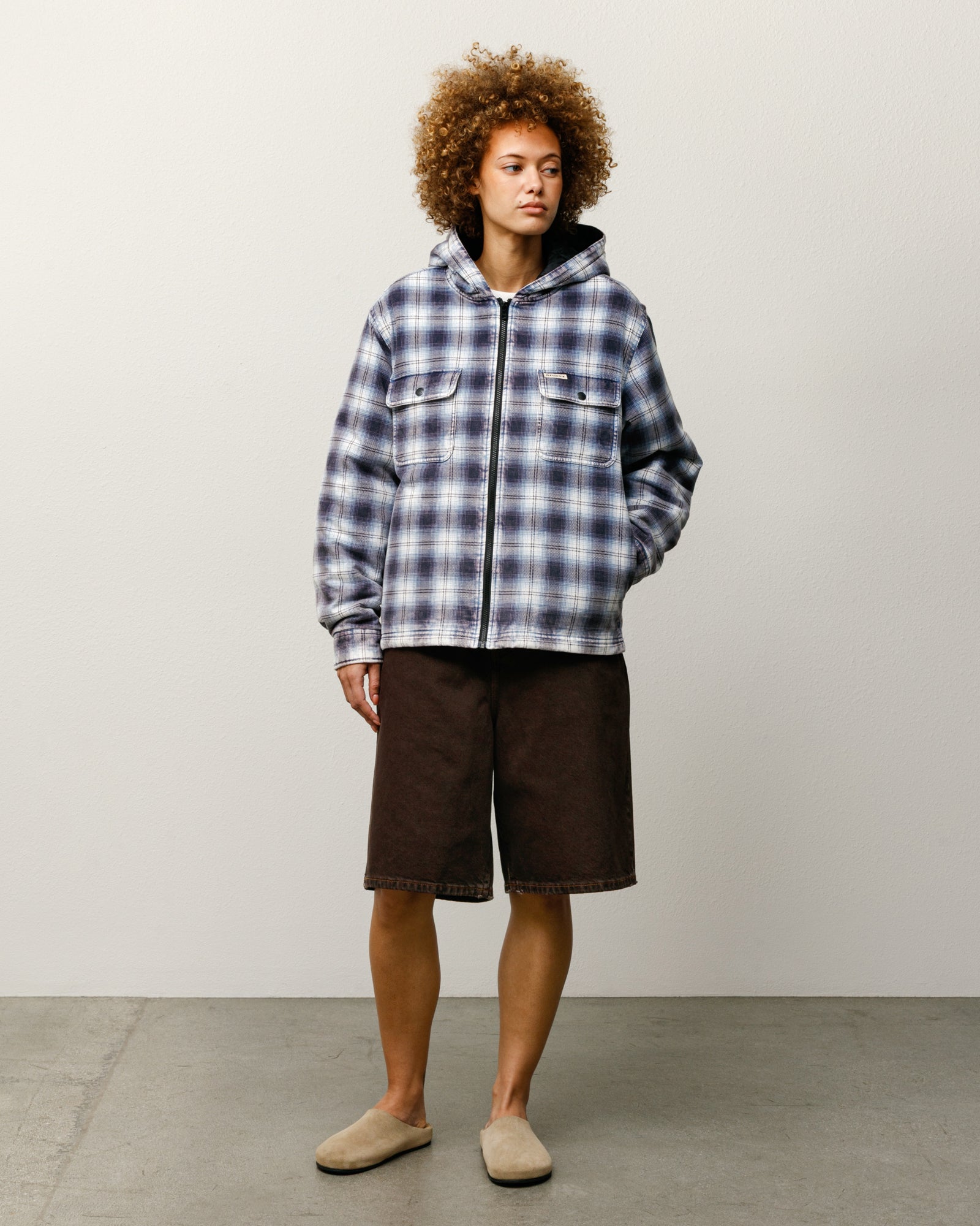 Zip Hooded Plaid Shirt Mens Long Sleeve In Blue