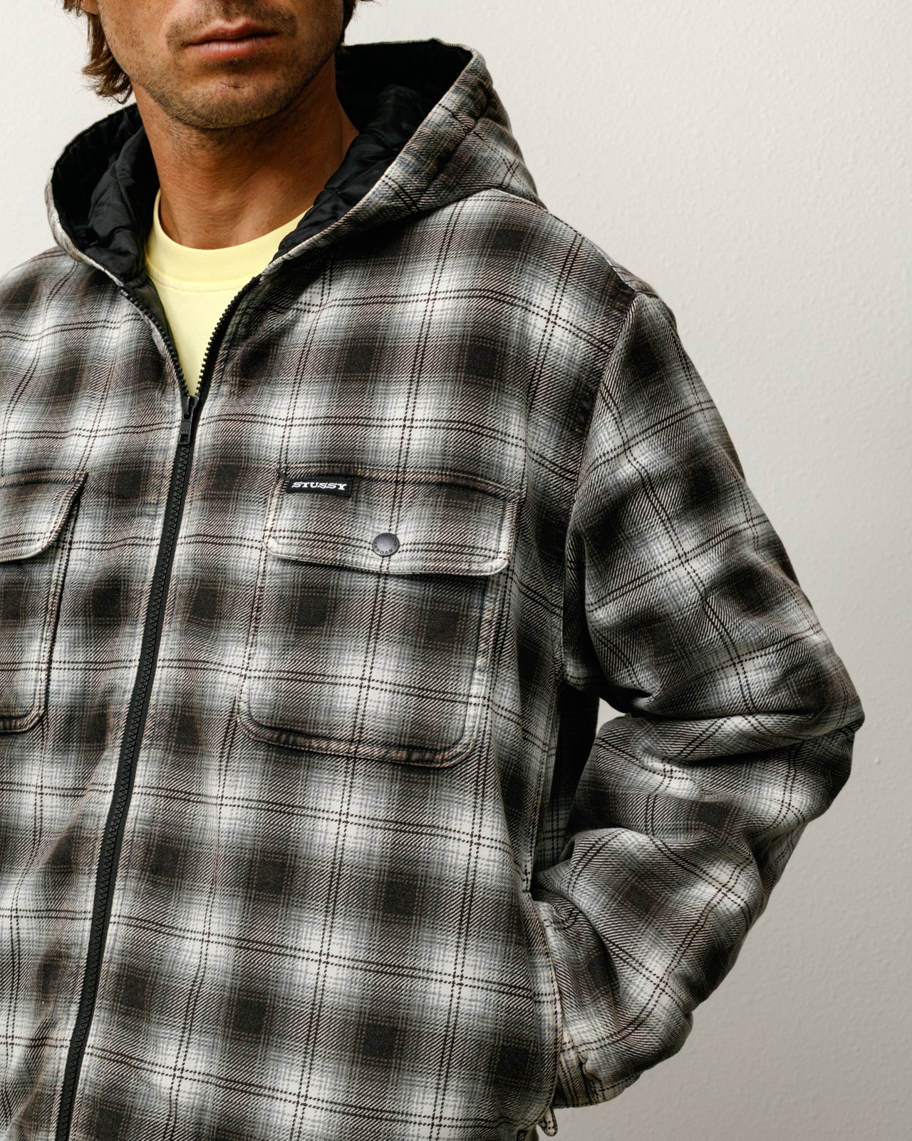 Zip Hooded Plaid Shirt Mens Long Sleeve In Charcoal