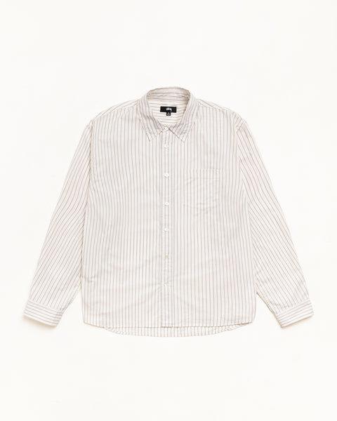 Natural striped long-sleeve cotton poplin button-up shirt with chest pocket
