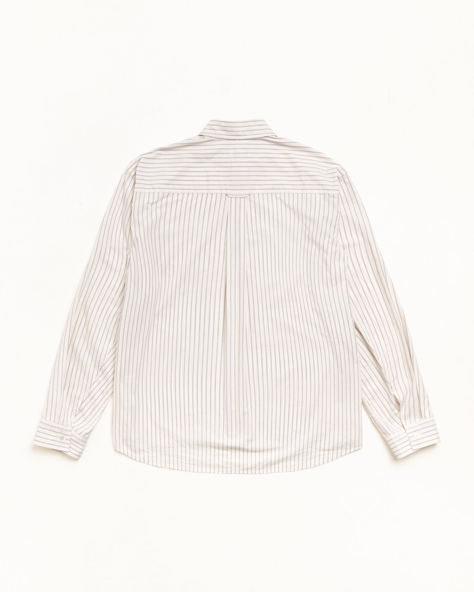 Back View Unisex Long Sleeve Shirt In Natural Stripe, Button Cuffs And Yoke