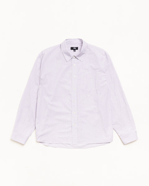 Purple stripe unisex long-sleeve button-front shirt with single chest pocket on white backdrop