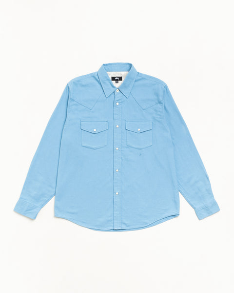 Blue cotton-silk Western shirt with snap front and double flap chest pockets, long sleeve.