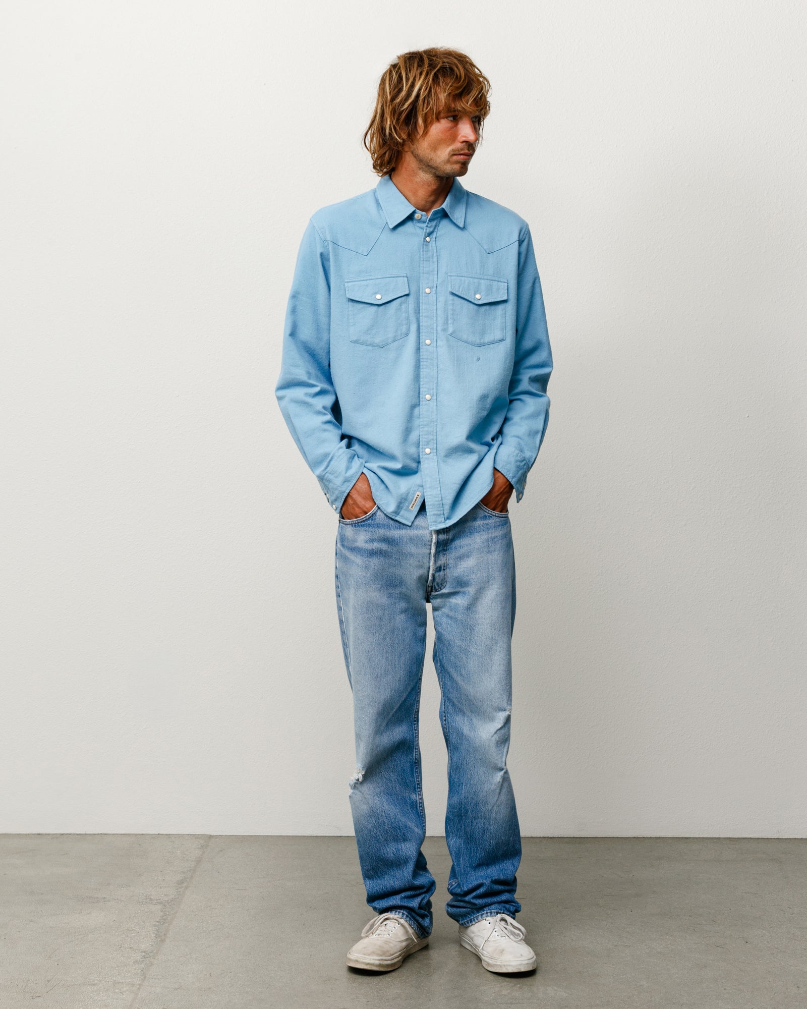 Cotton Silk Western Shirt Unisex Long Sleeve With Snap Pockets In Blue