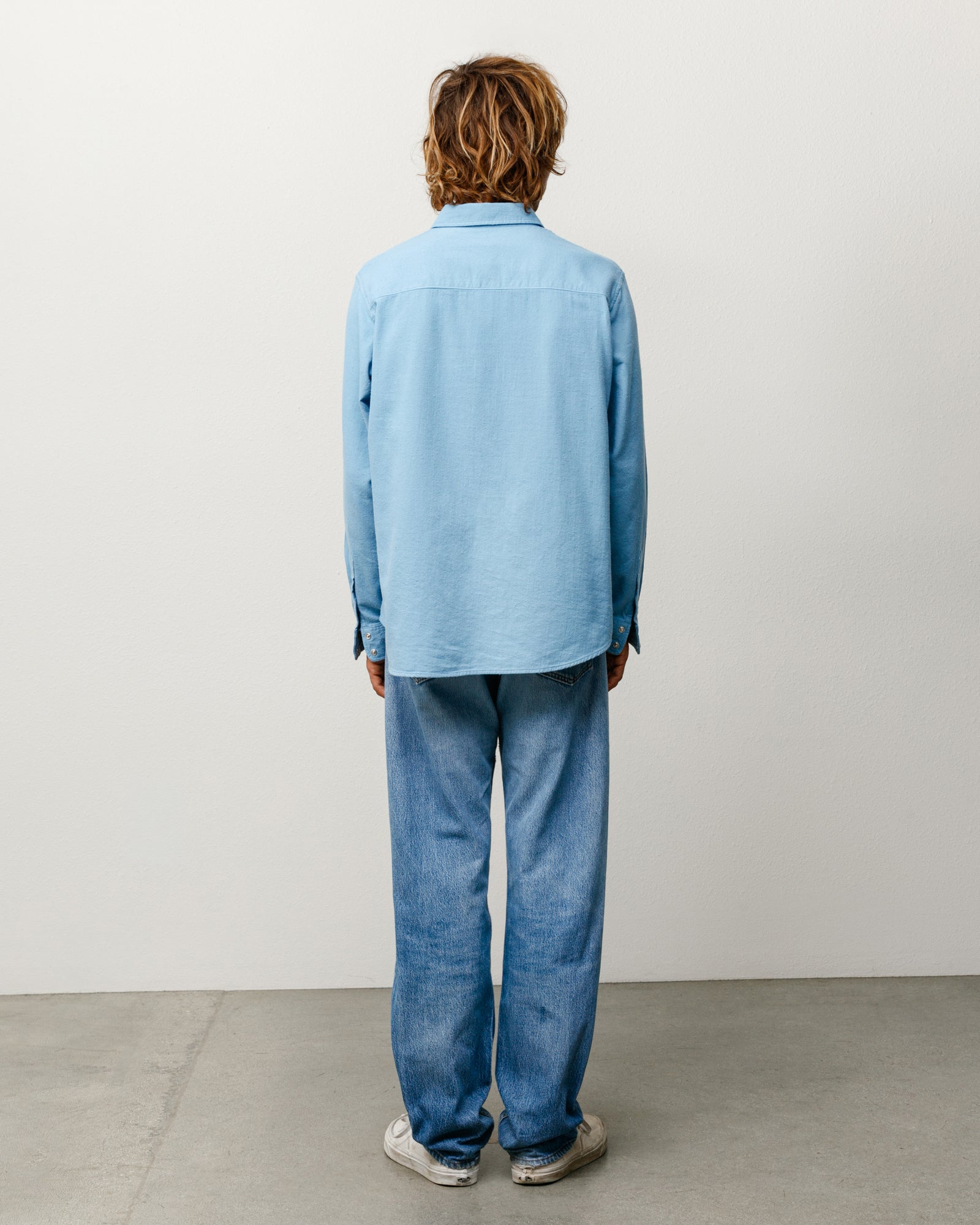 Cotton Silk Western Shirt Unisex Long Sleeve In Blue, Back View On Model