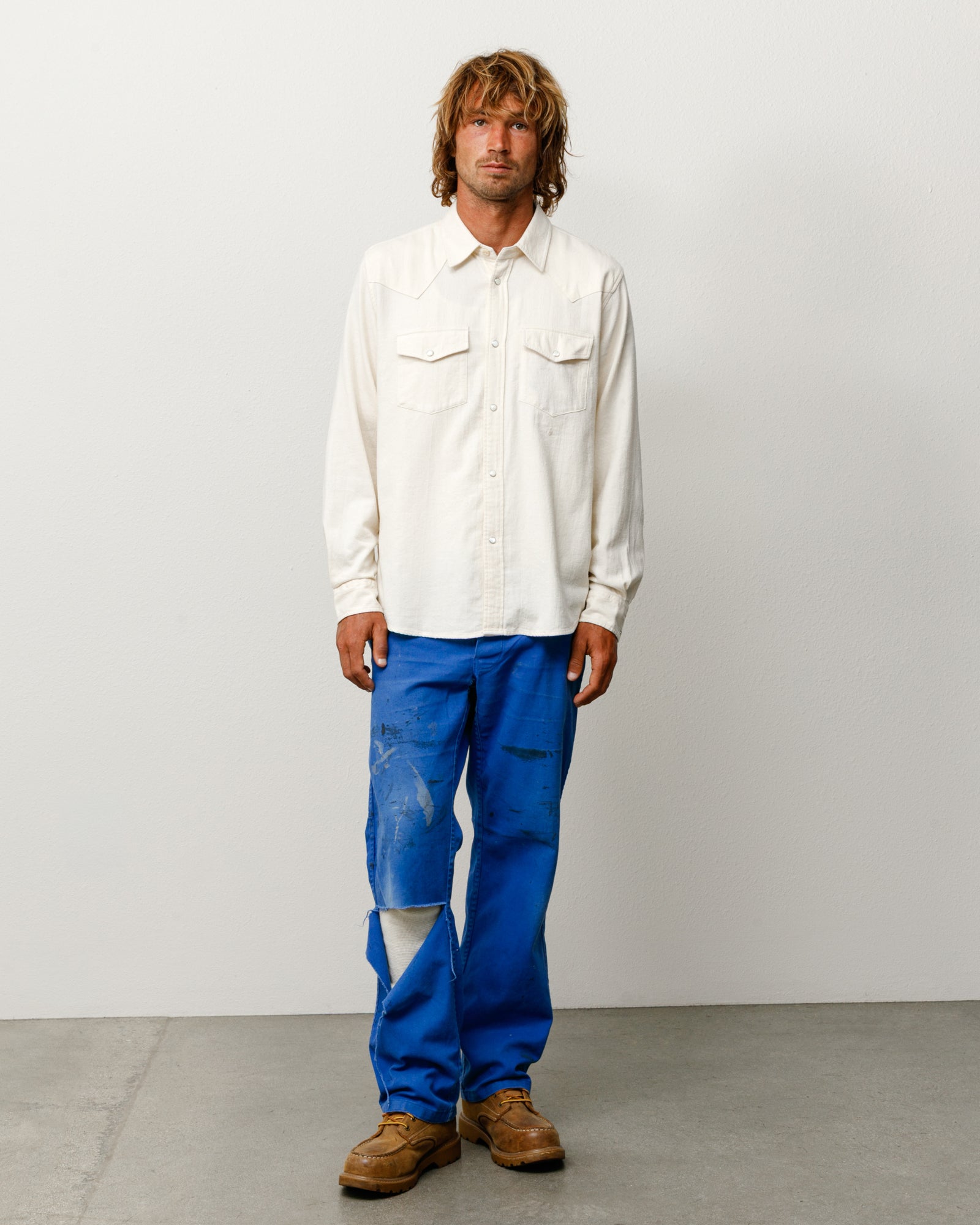 Cotton Silk Western Shirt Unisex Long Sleeve In Off White