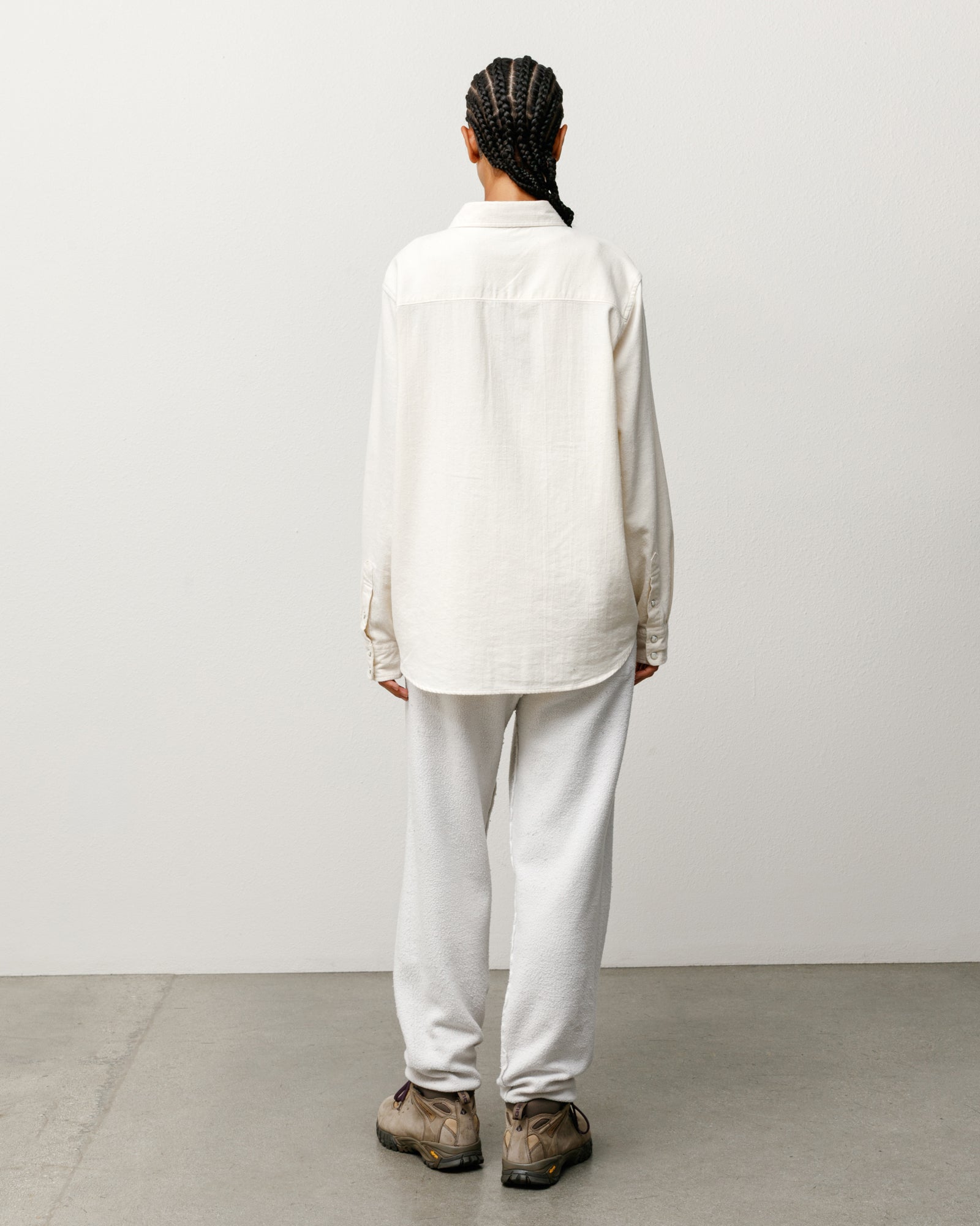 Off-white cotton silk Western shirt, long-sleeve, back view on model