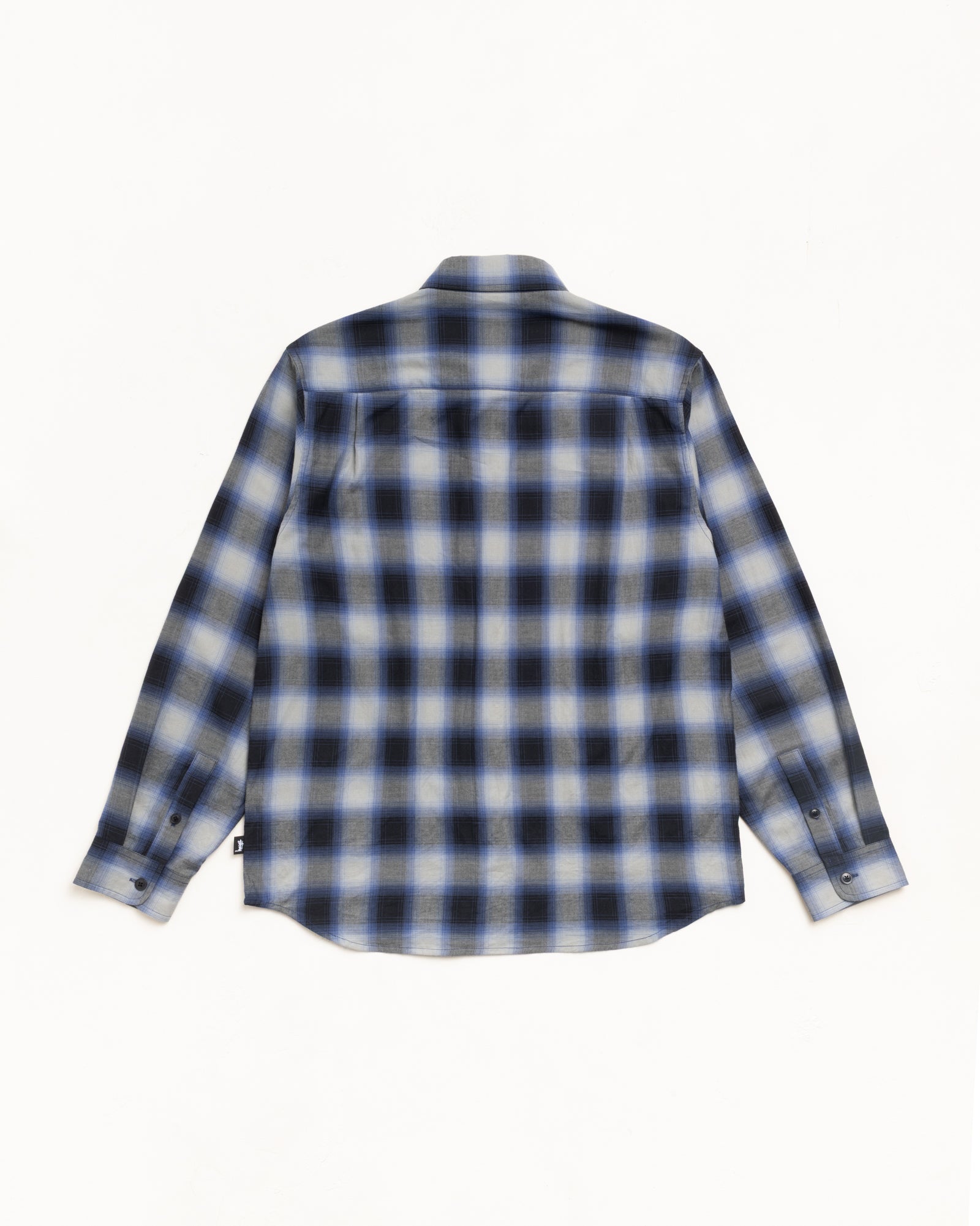 Beach Ombre Plaid Shirt Unisex Long Sleeve Back View In Black With Curved Hem