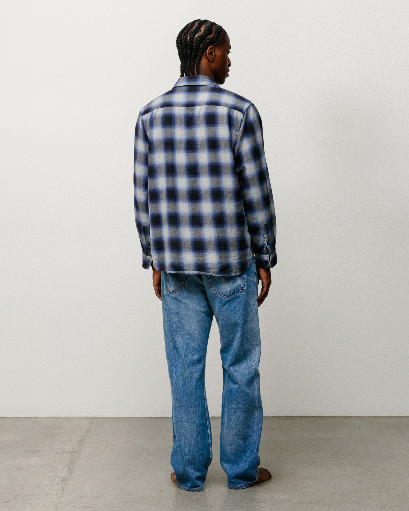 Beach Ombre Plaid Shirt Unisex Long Sleeve In Black, Back View On Model