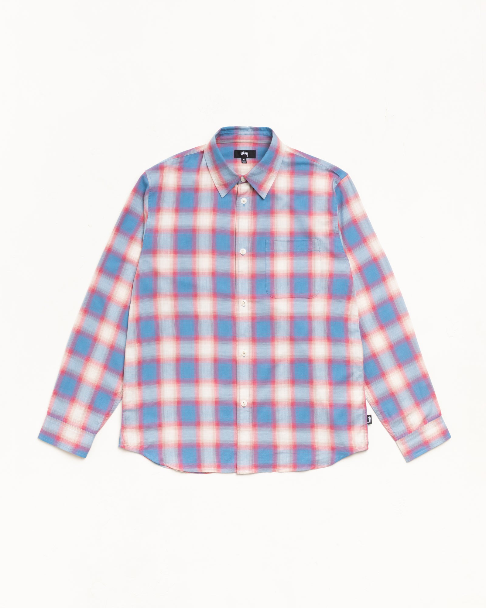 Blue ombre plaid long-sleeve button-up with single chest pocket and curved hem