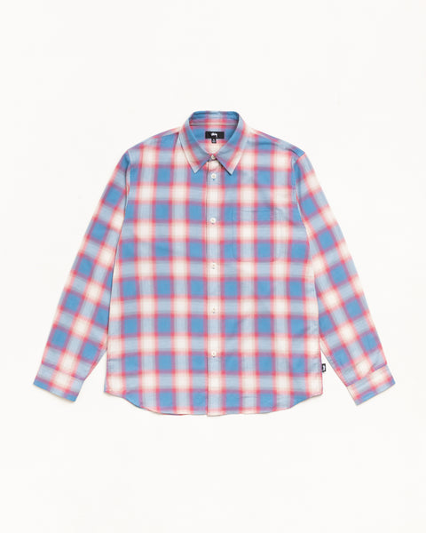 Blue ombre plaid long-sleeve button-up with single chest pocket and curved hem
