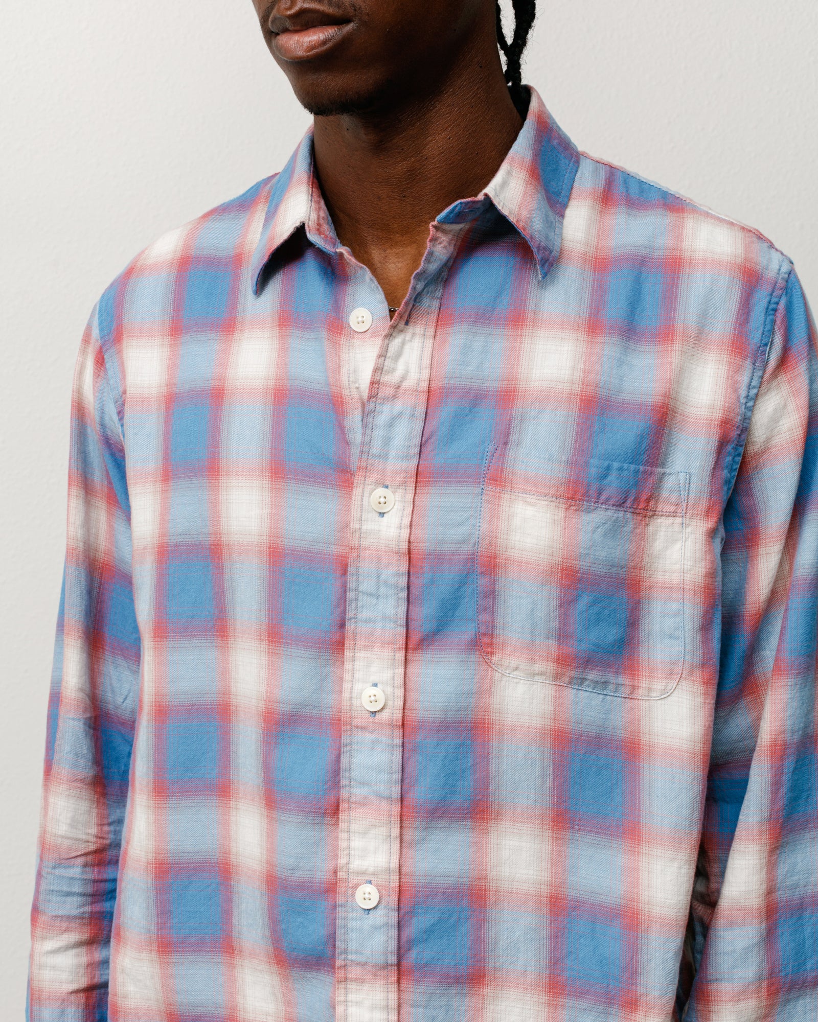 Beach Ombre Plaid Shirt Unisex Long Sleeve In Blue With Button Front And Chest Pocket