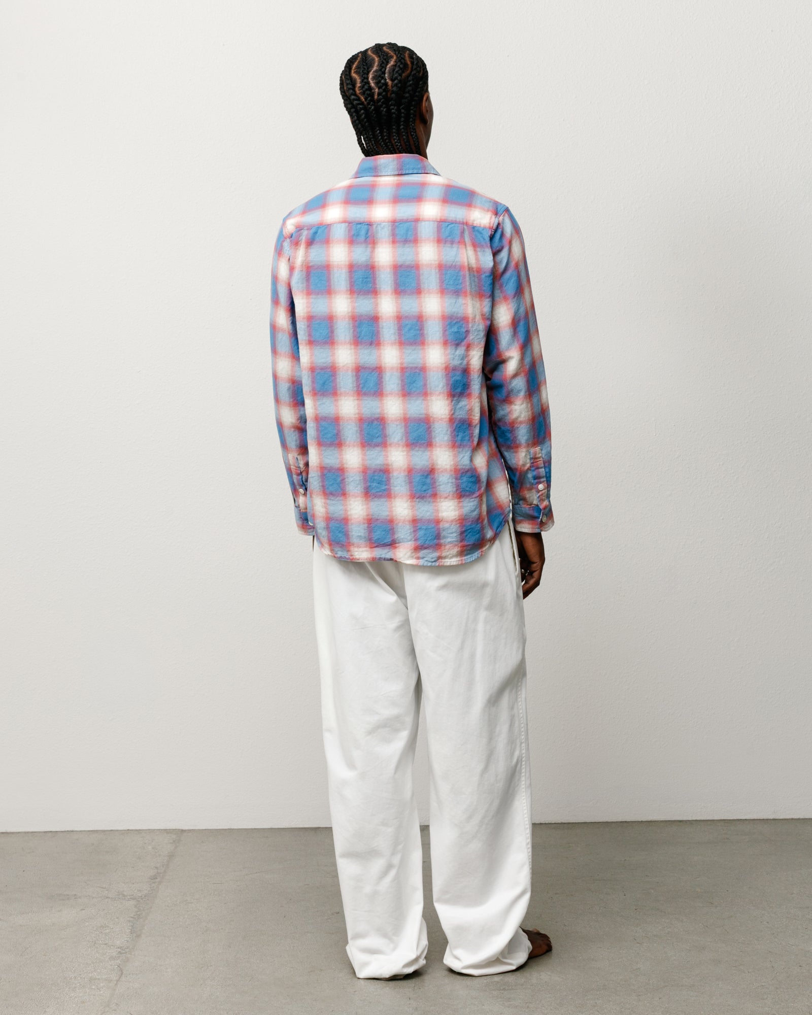 Blue Beach Ombre plaid washed-cotton long-sleeve shirt, relaxed fit, back view on model