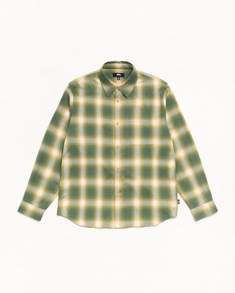 Green ombré plaid long-sleeve button-up shirt with chest pocket, flat lay.