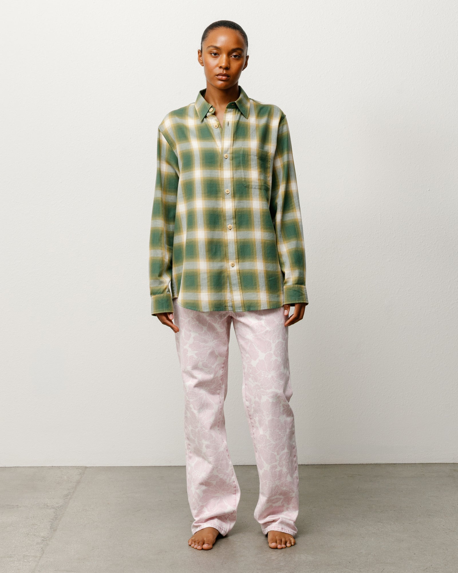 Beach Ombre Plaid Shirt Unisex Long Sleeve In Green