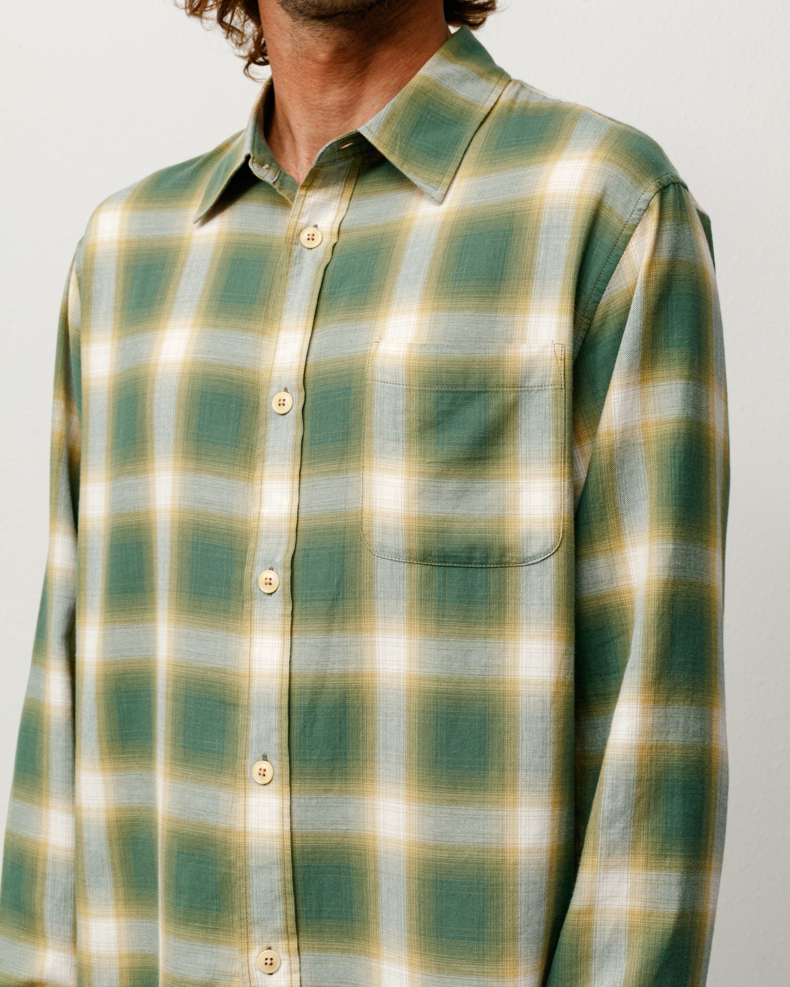Beach Ombre Plaid Shirt Unisex Long Sleeve In Green