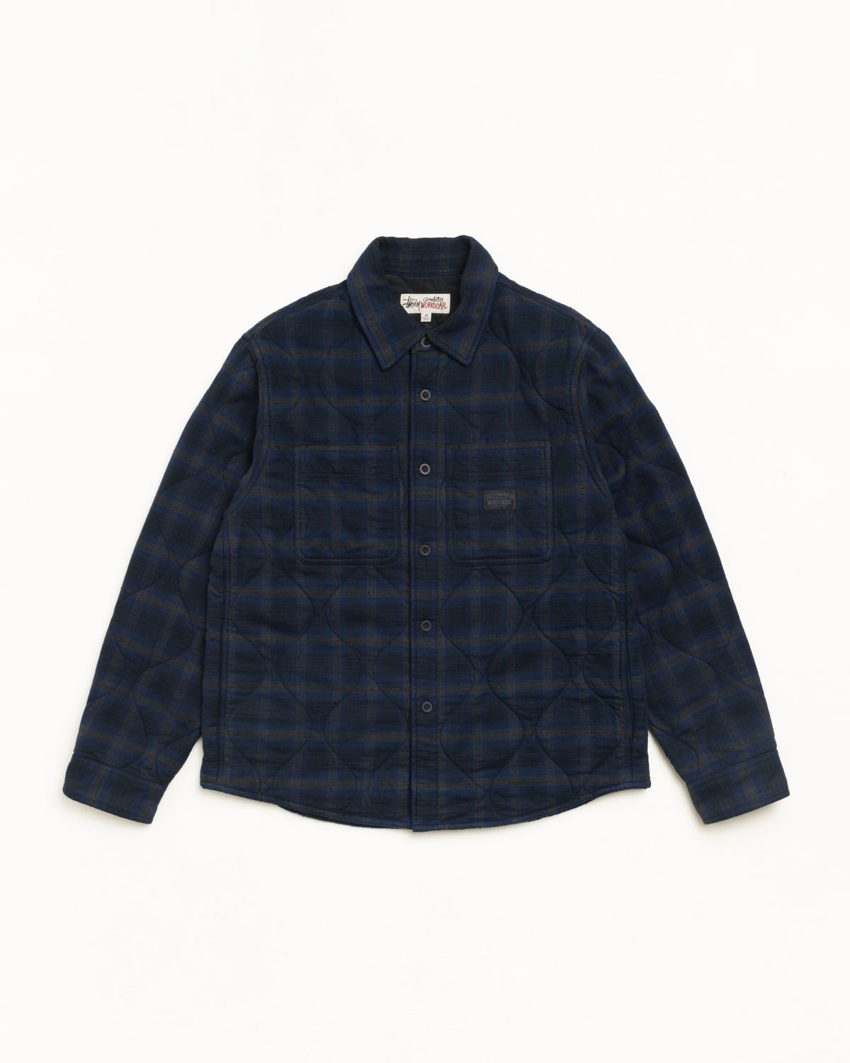 Quilted Plaid Shirt Jacket Unisex Long Sleeve In Navy