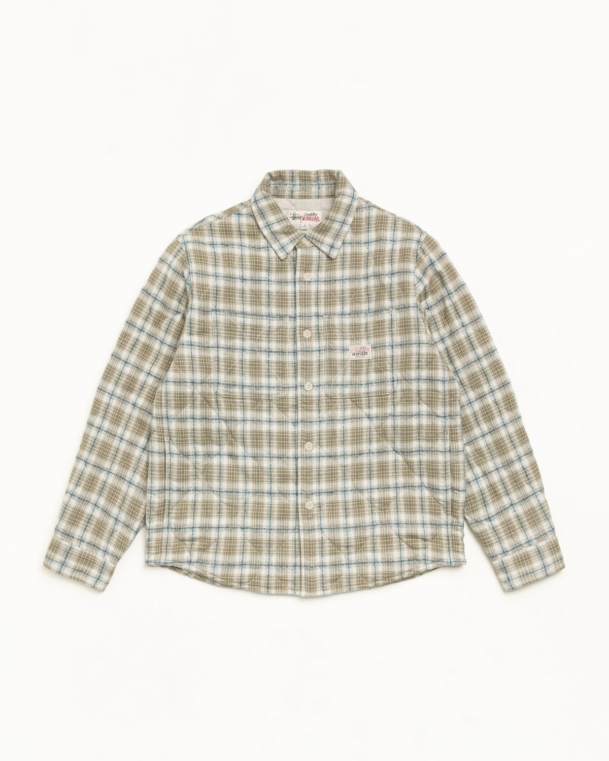 Quilted Plaid Shirt Jacket Unisex Long Sleeve In Olive