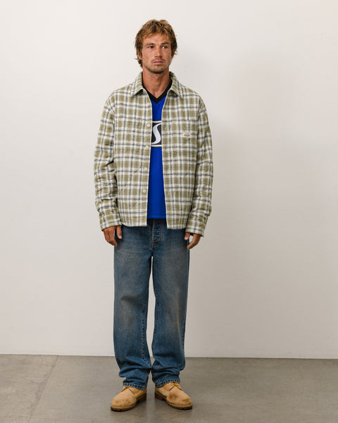 Quilted Plaid Shirt Jacket Unisex Long Sleeve In Olive