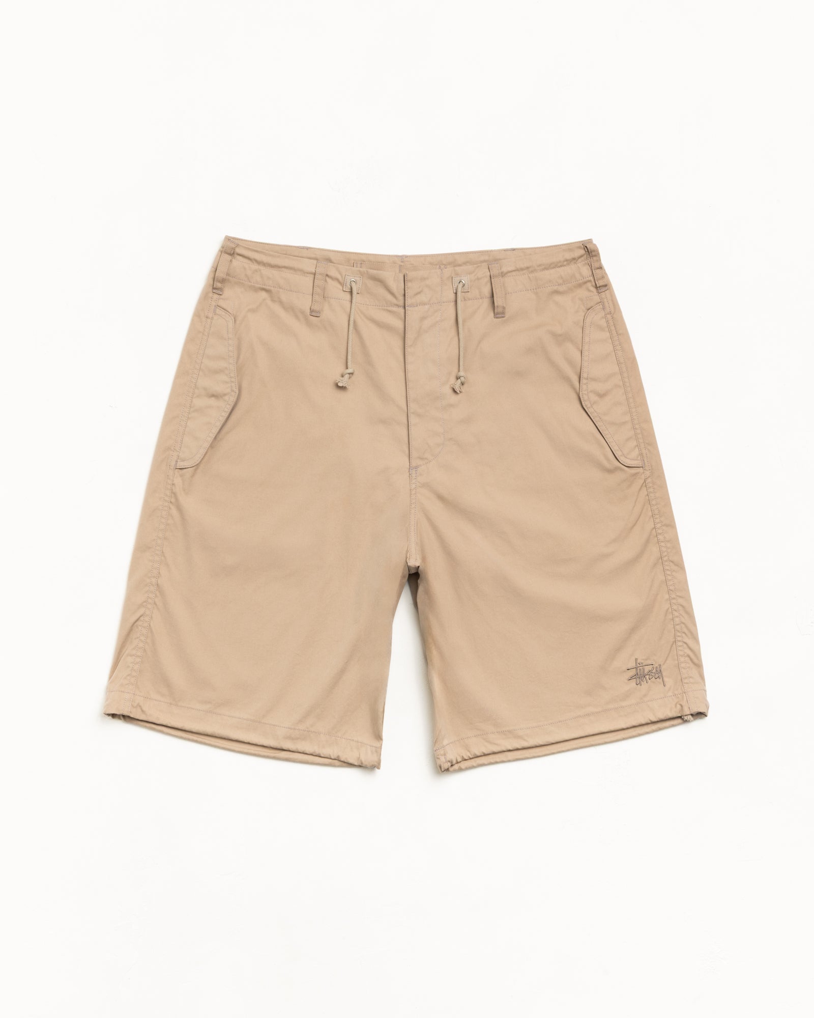 Khaki shorts with drawcord waist, belt loops, side pockets, and hem logo embroidery