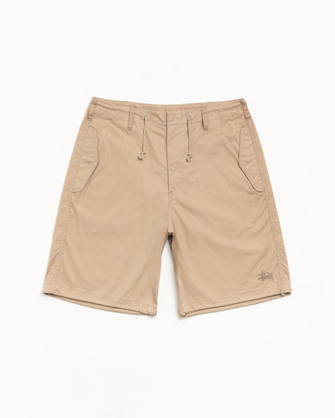 Khaki shorts with drawcord waist, belt loops, side pockets, and hem logo embroidery