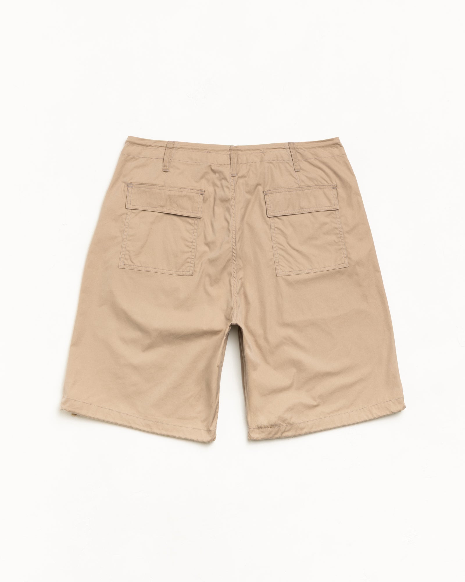 Khaki cotton-nylon surplus shorts, back flat view with dual flap rear pockets