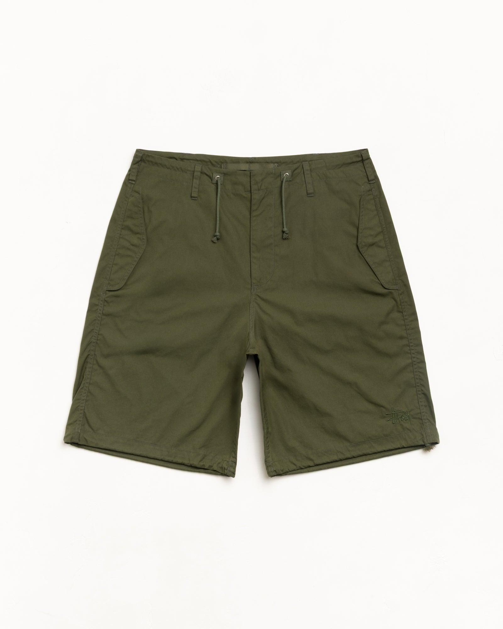Olive drawstring shorts with side pockets and subtle logo at hem