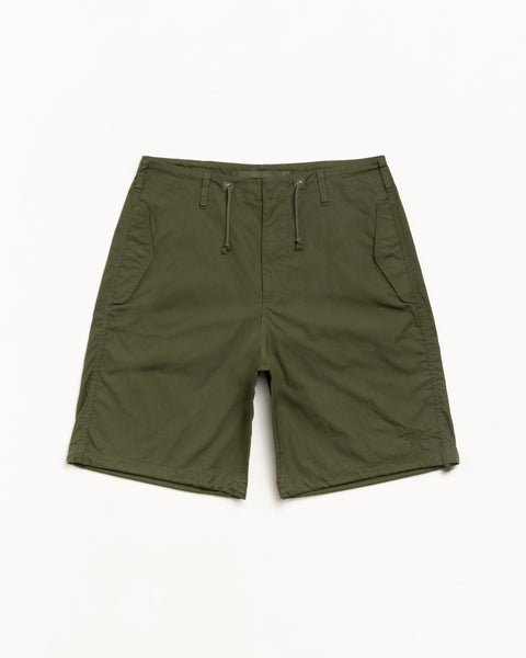 Olive drawstring shorts with side pockets and subtle logo at hem