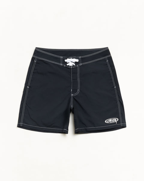Black unisex board shorts with contrast stitching, lace-up waist, and logo at hem