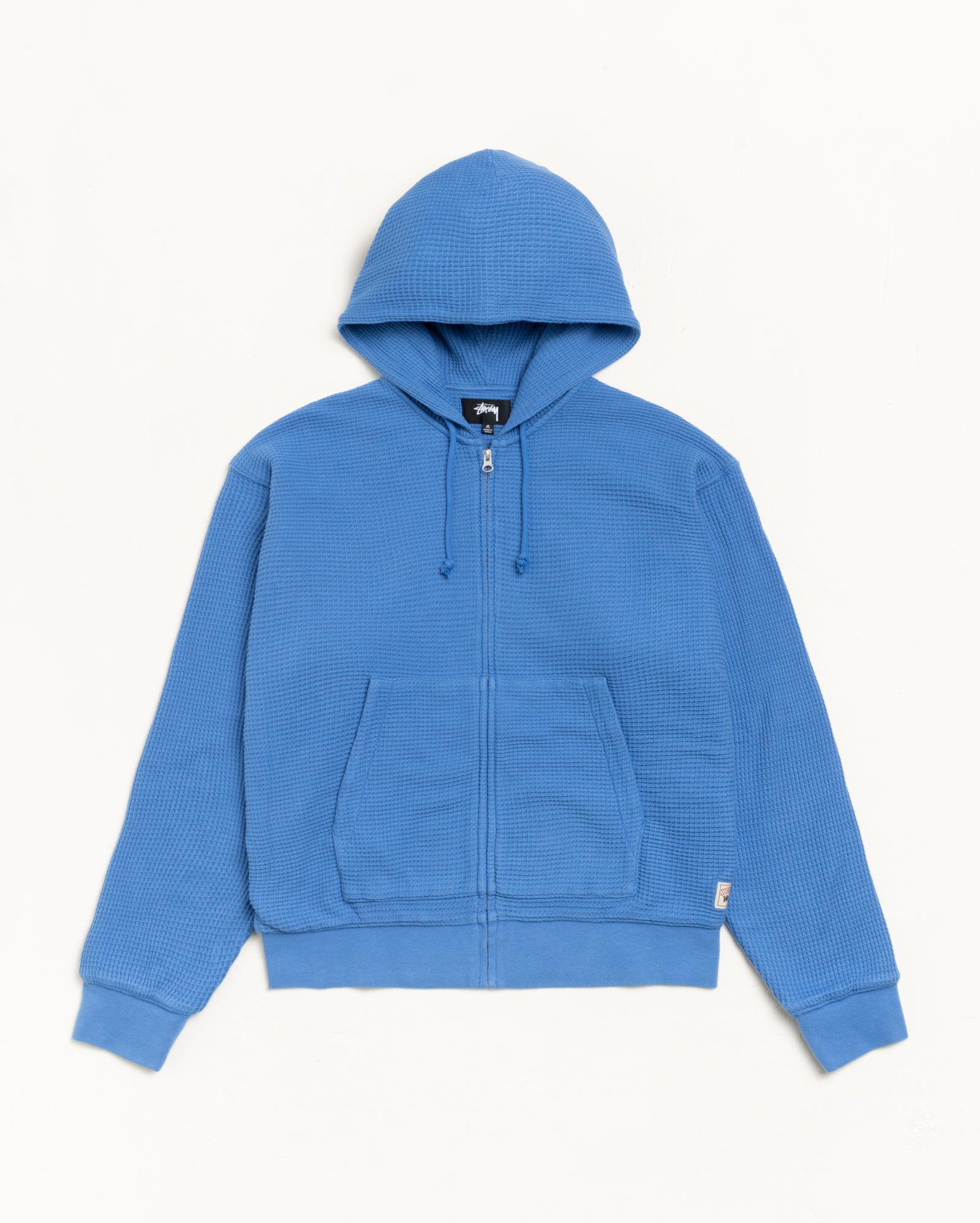 Double Layer Waffle Zip Hood Mens Long Sleeve In Blue