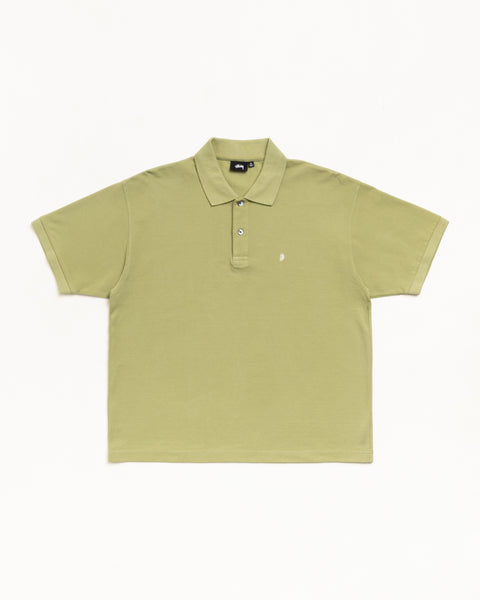 Leaf green cotton pique polo, unisex short-sleeve with button placket and chest embroidery