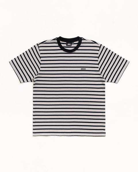 Black striped short-sleeve tee with horizontal bands and a ribbed crewneck, laid flat on white.