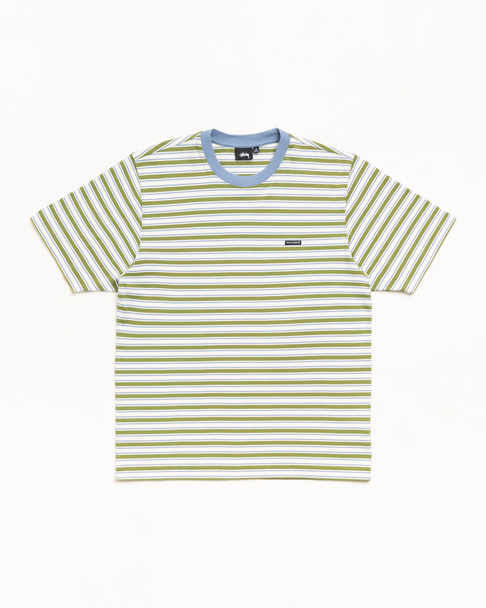 Moss green striped short-sleeve tee with light blue ribbed crewneck and small chest patch.