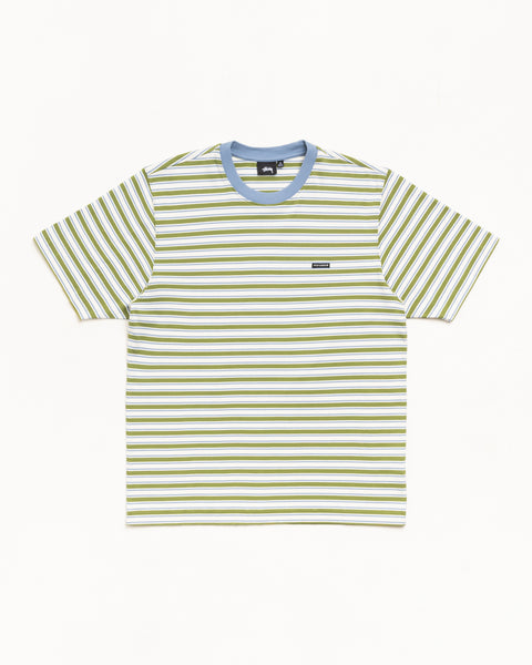 Moss green striped short-sleeve tee with light blue ribbed crewneck and small chest patch.