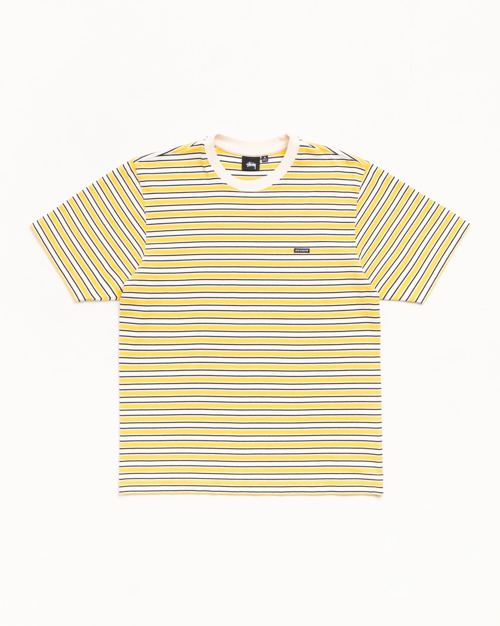 Yellow horizontal stripe short-sleeve tee with ribbed crewneck and small chest logo