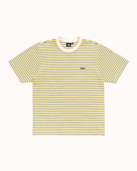 Yellow horizontal stripe short-sleeve tee with ribbed crewneck and small chest logo