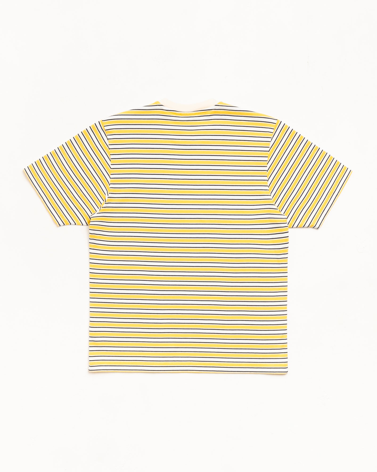 Yellow short-sleeve crewneck tee with thin horizontal black and white stripes, back view
