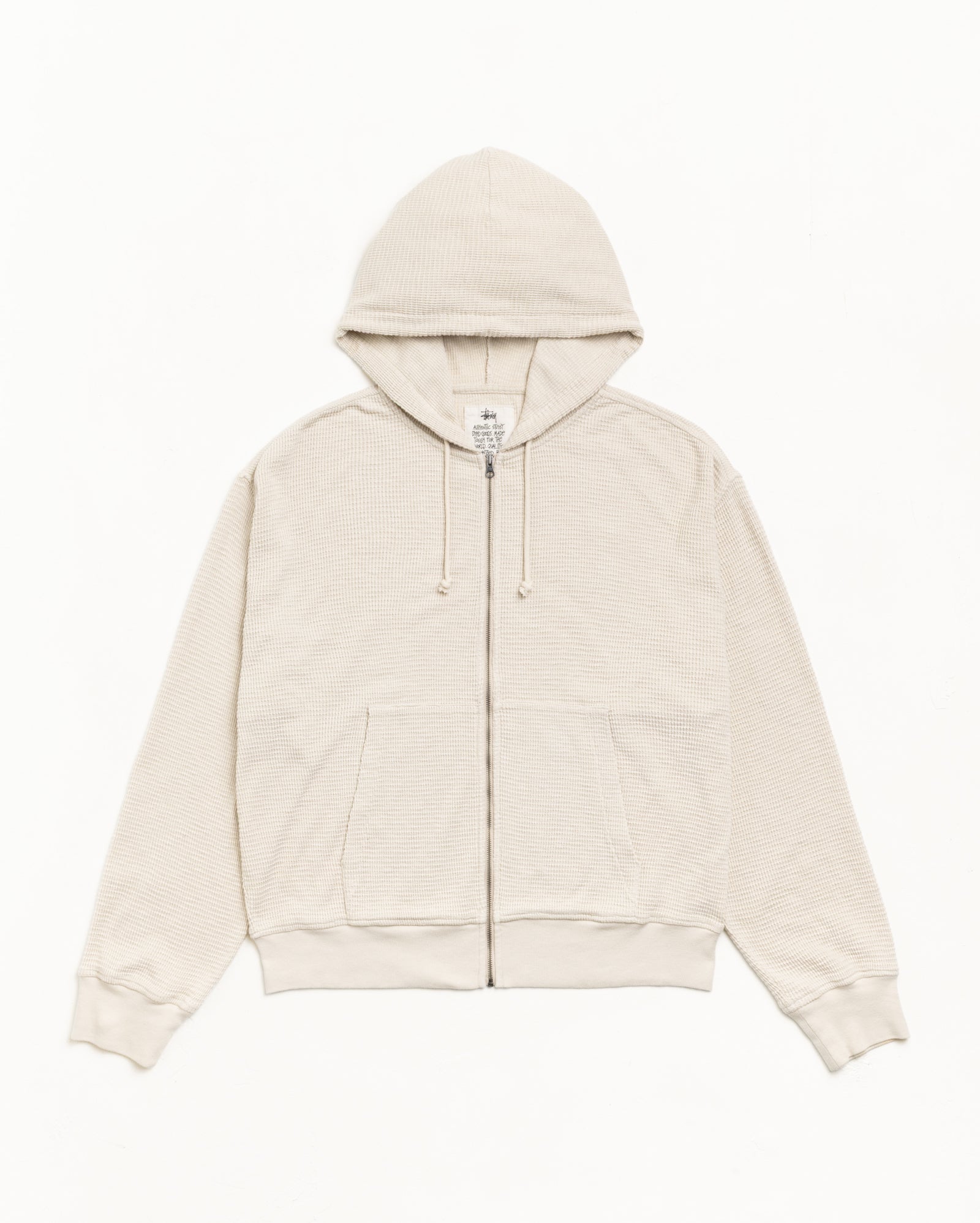 Lightweight thermal zip hoodie in Bone with drawcord hood and kangaroo pockets