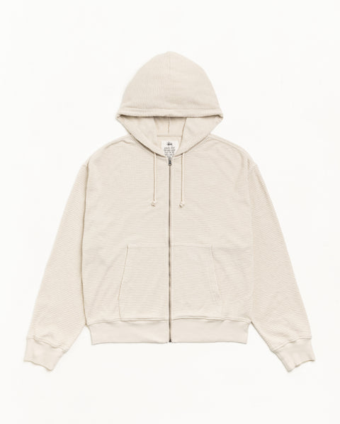 Lightweight thermal zip hoodie in Bone with drawcord hood and kangaroo pockets