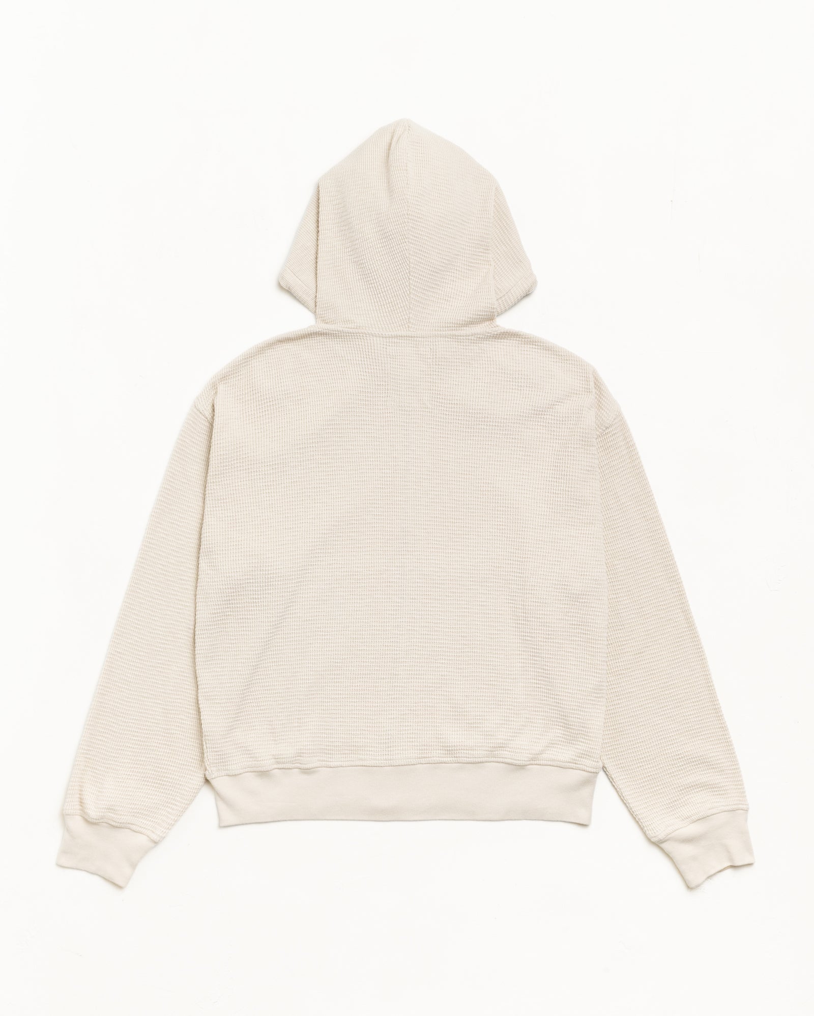 Bone waffle-knit lightweight thermal hoodie with rib hem and cuffs, back flat view