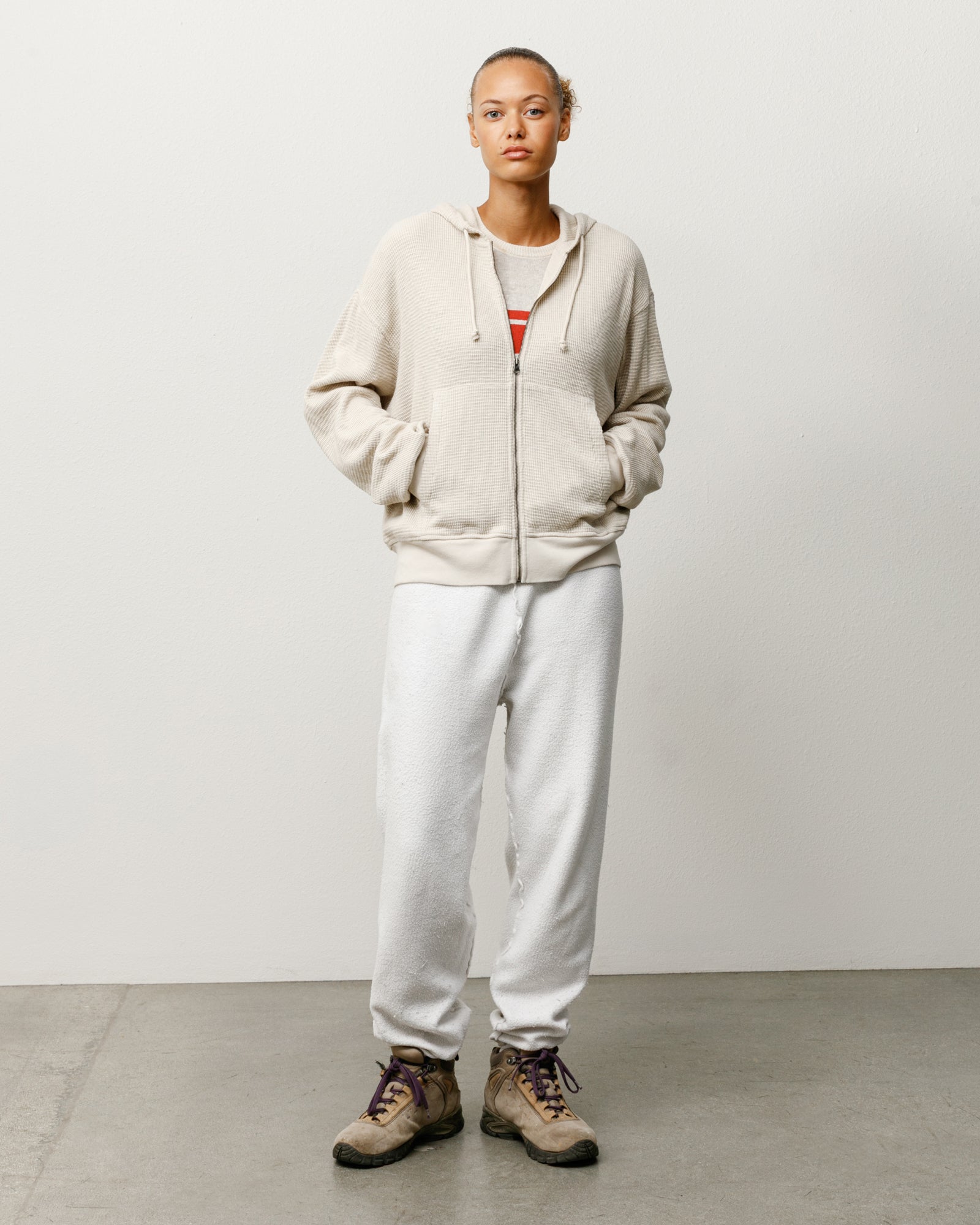 Lightweight thermal zip hoodie in bone with drawcord hood and kangaroo pocket