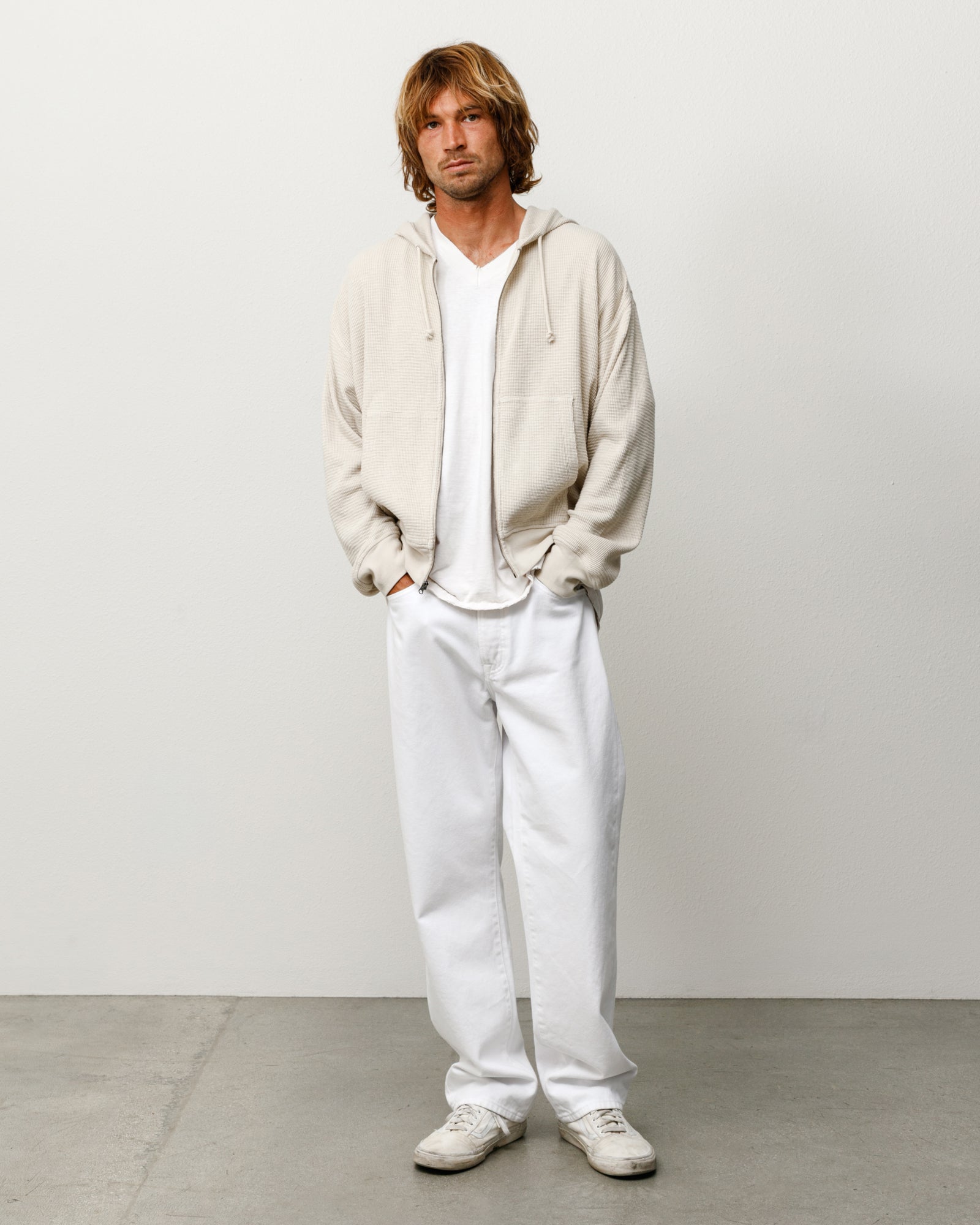 Bone lightweight thermal zip hoodie with drawcord hood and ribbed cuffs, unisex fit