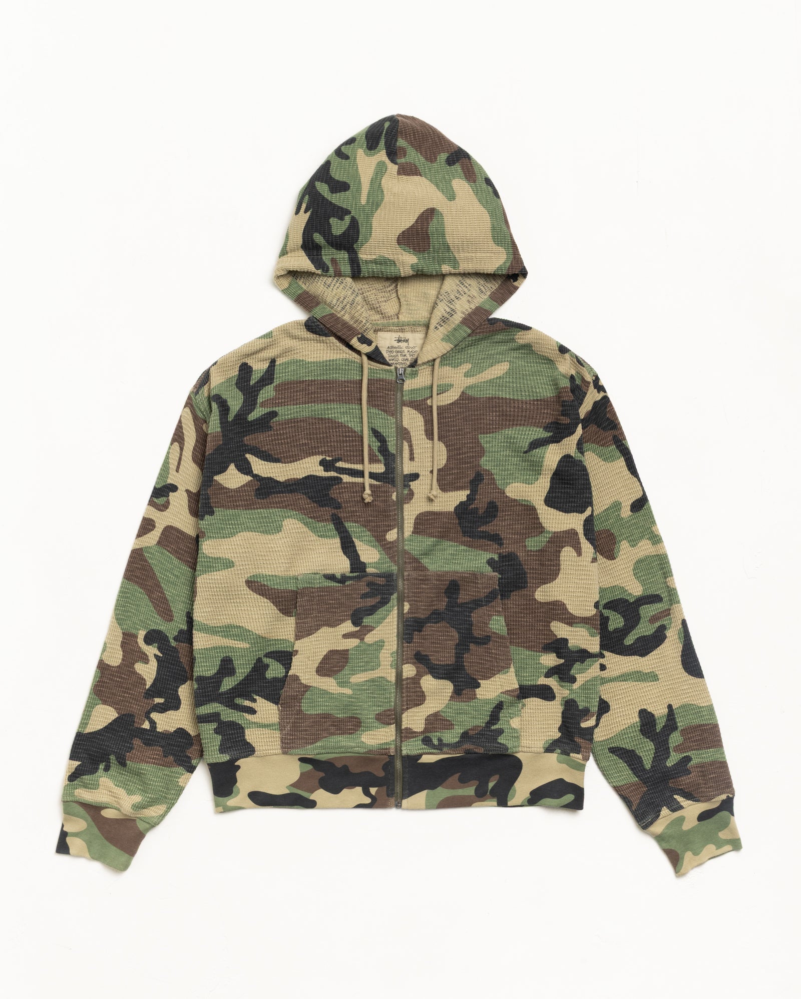 Camo lightweight thermal zip hoodie with drawcord hood and kangaroo pockets