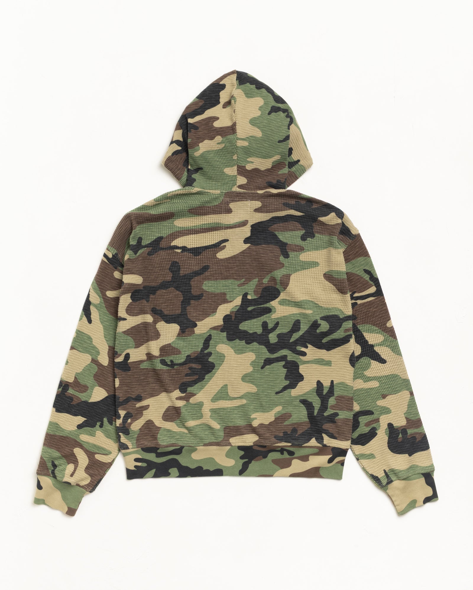 Lightweight camo waffle-knit thermal hoodie, unisex long sleeve, back flat lay.